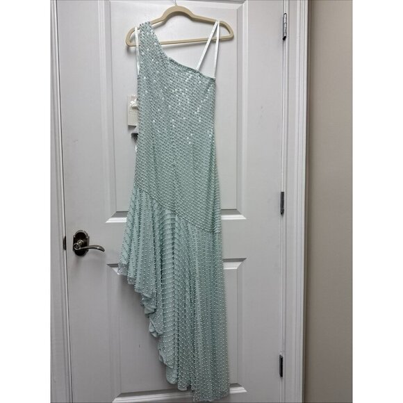 MAC DUGGAL Size 6 Green 93741 ONE SHOULDER Pearl Sequin Midi GOWN Formal Dress - Picture 8 of 11